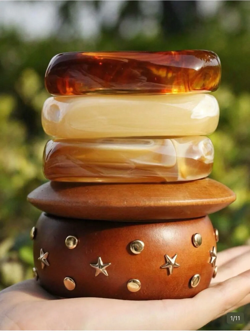 Stacked Amber and Cream Resin Decorative Bracelets - Unbranded